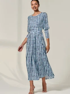 Jolie Moi Office Wear|Jersey Dresses-Long Puff Sleeved Jersey Midaxi Dress, Large Blue Geo