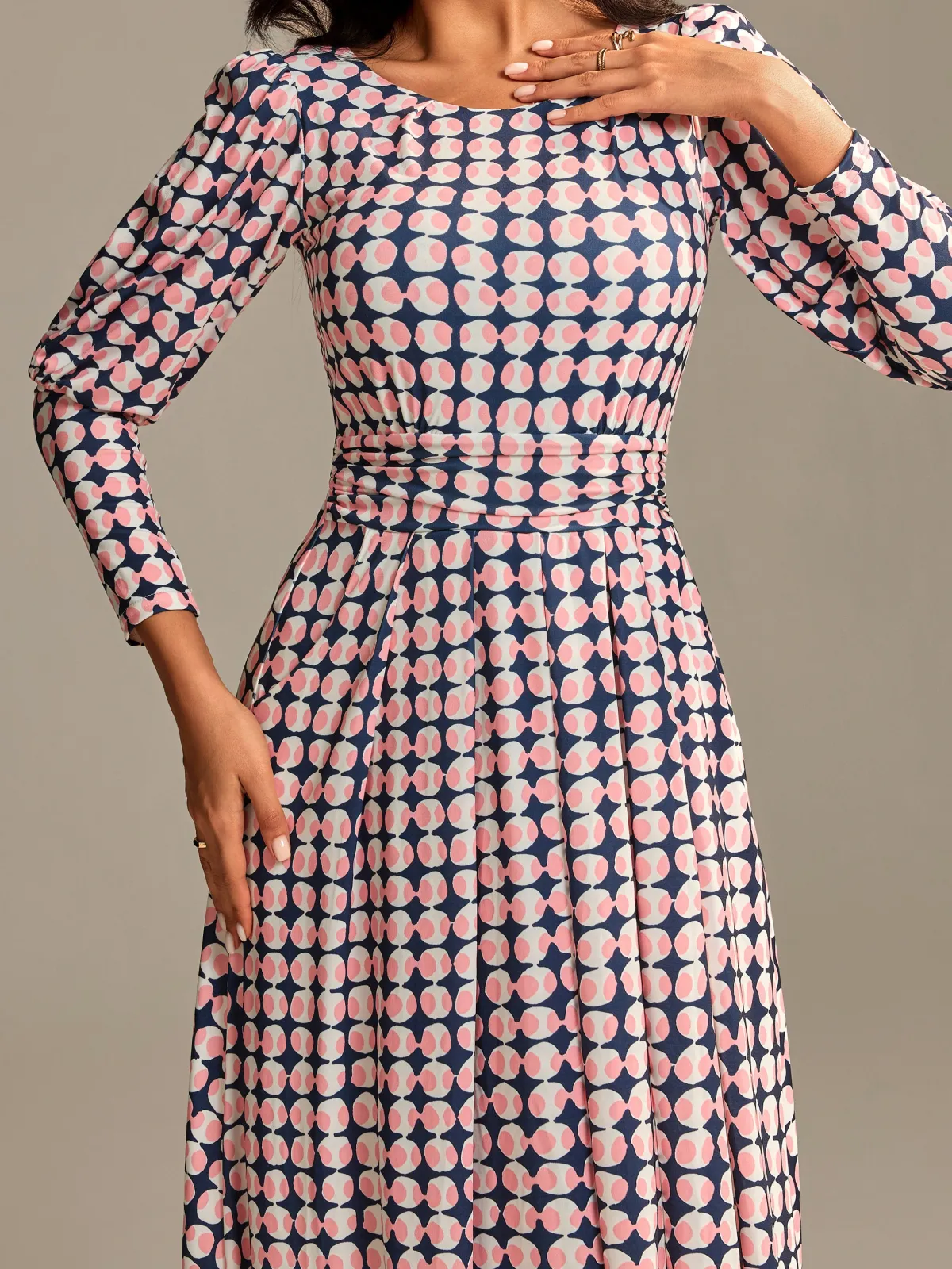 Jolie Moi Occasion Dresses|Jersey Dresses-Long Puff Sleeved Jersey Midaxi Dress, Large Pink Geo