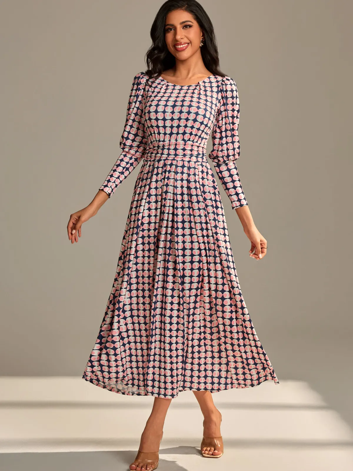 Jolie Moi Occasion Dresses|Jersey Dresses-Long Puff Sleeved Jersey Midaxi Dress, Large Pink Geo