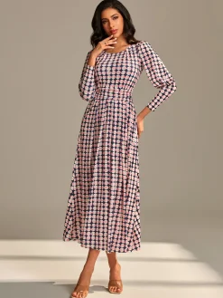 Jolie Moi Occasion Dresses|Jersey Dresses-Long Puff Sleeved Jersey Midaxi Dress, Large Pink Geo