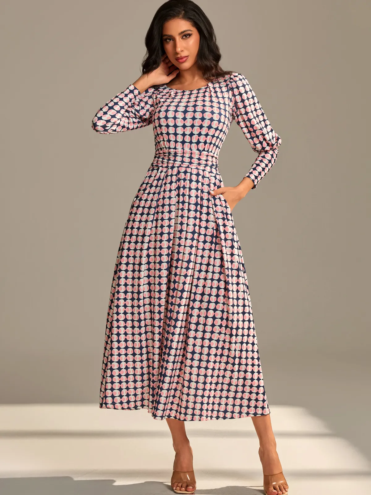 Jolie Moi Occasion Dresses|Jersey Dresses-Long Puff Sleeved Jersey Midaxi Dress, Large Pink Geo