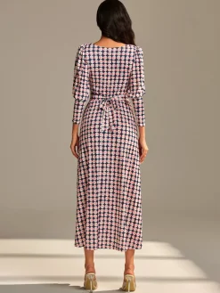 Jolie Moi Occasion Dresses|Jersey Dresses-Long Puff Sleeved Jersey Midaxi Dress, Large Pink Geo