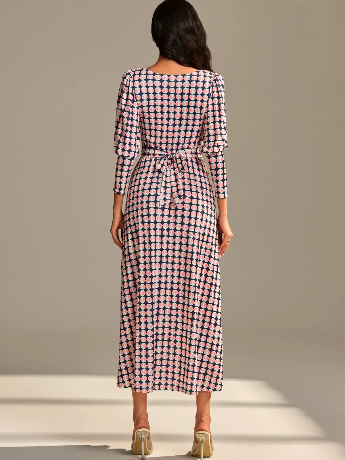 Jolie Moi Occasion Dresses|Jersey Dresses-Long Puff Sleeved Jersey Midaxi Dress, Large Pink Geo