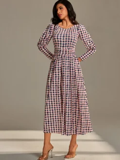 Jolie Moi Occasion Dresses|Jersey Dresses-Long Puff Sleeved Jersey Midaxi Dress, Large Pink Geo