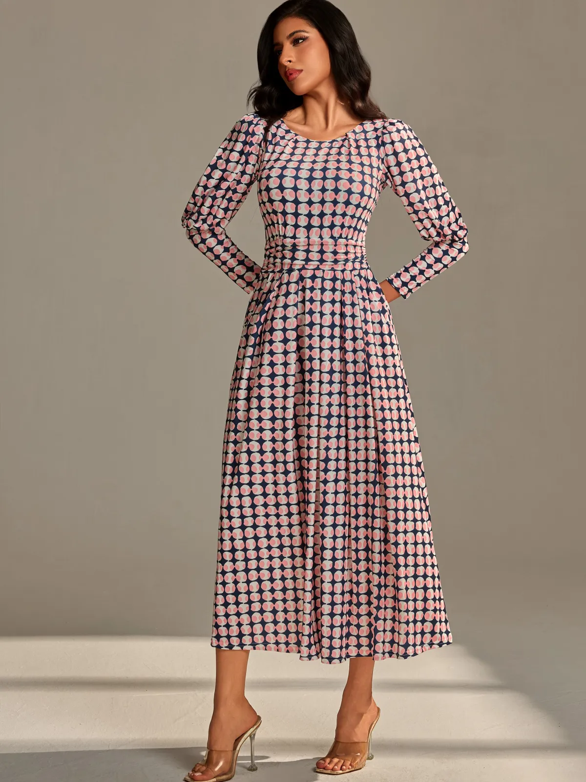 Jolie Moi Occasion Dresses|Jersey Dresses-Long Puff Sleeved Jersey Midaxi Dress, Large Pink Geo