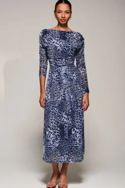 Jolie Moi Occasion Dresses|Mesh Dresses-Long Sleeve Asymmetric Gathered Mesh Midi Dress, Black Animal