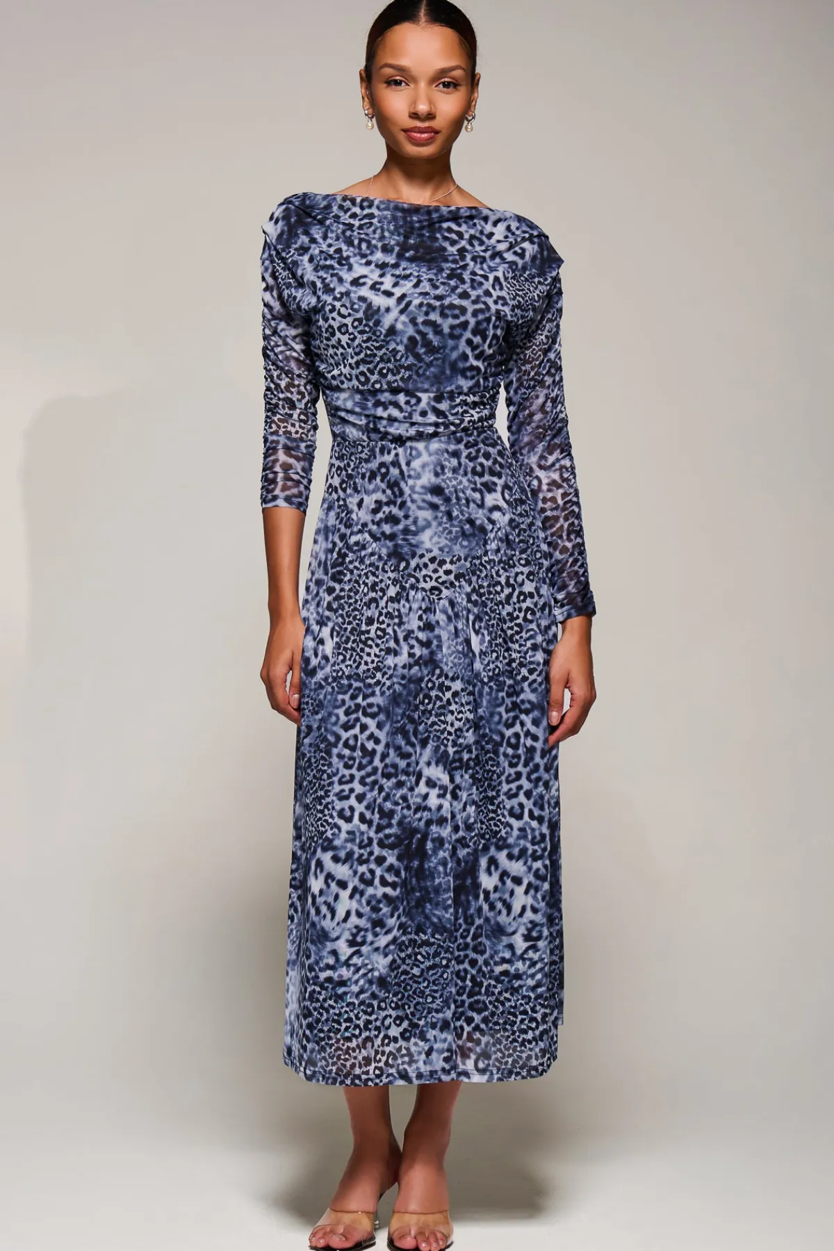 Jolie Moi Occasion Dresses|Mesh Dresses-Long Sleeve Asymmetric Gathered Mesh Midi Dress, Black Animal