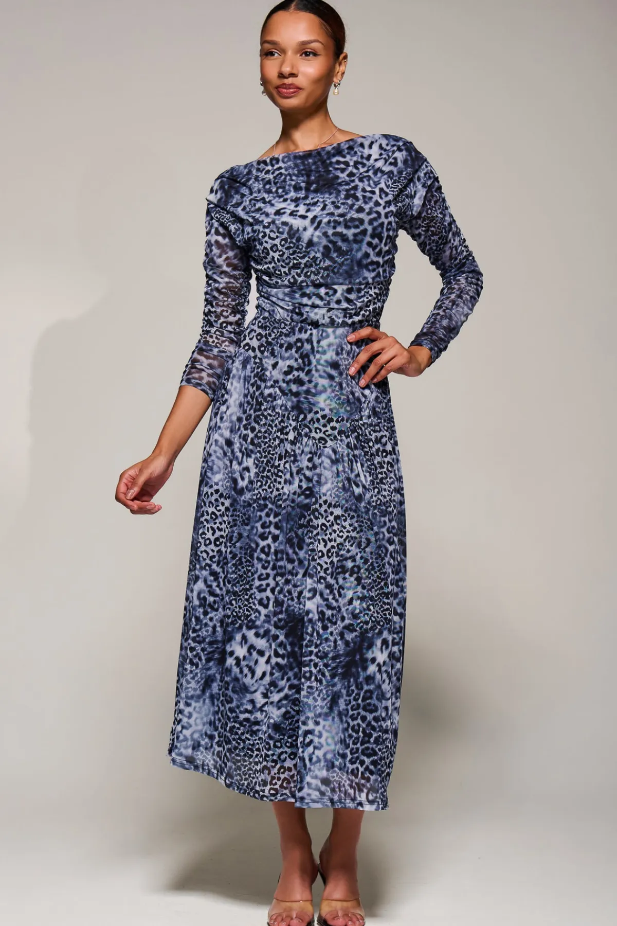 Jolie Moi Occasion Dresses|Mesh Dresses-Long Sleeve Asymmetric Gathered Mesh Midi Dress, Black Animal