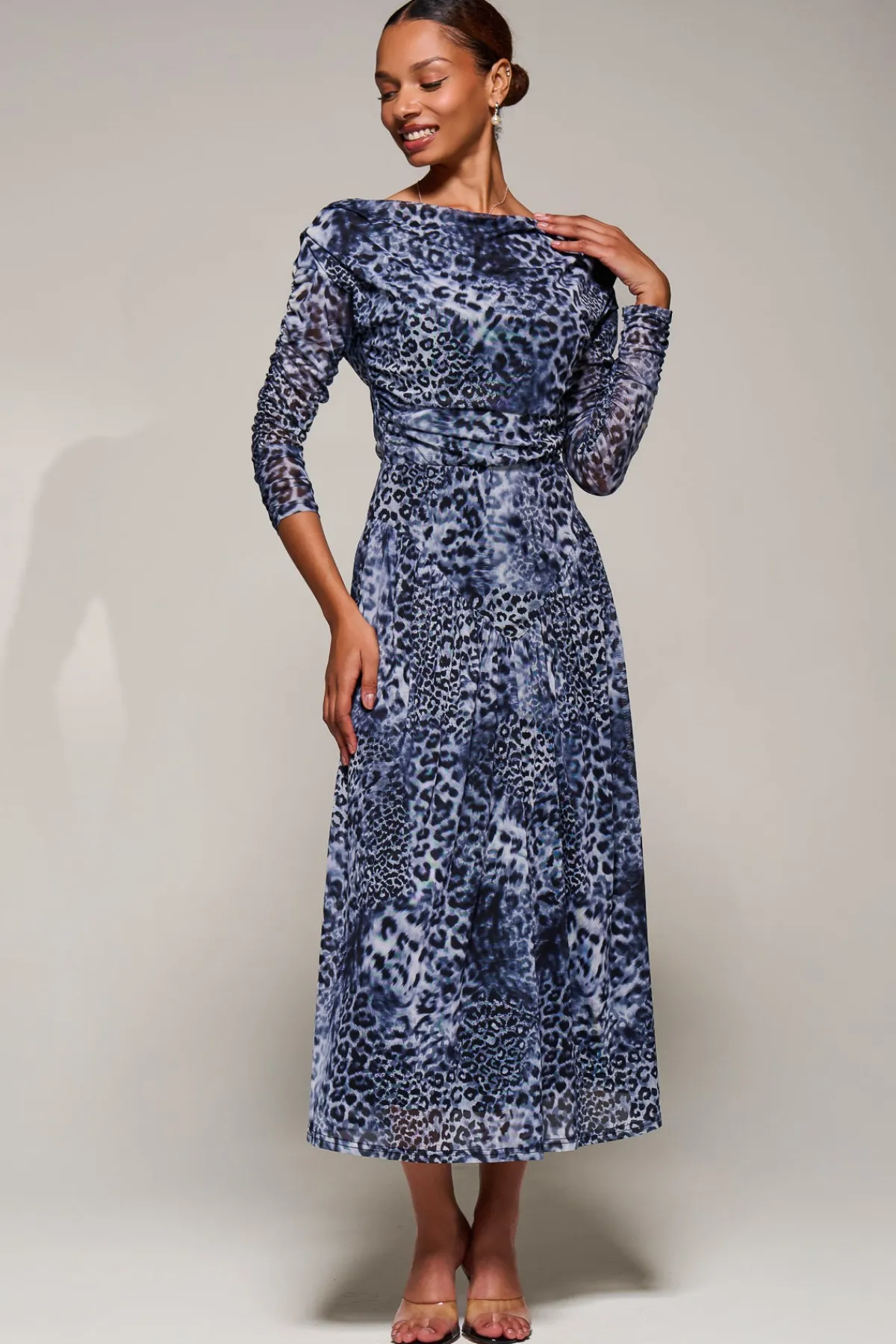 Jolie Moi Occasion Dresses|Mesh Dresses-Long Sleeve Asymmetric Gathered Mesh Midi Dress, Black Animal