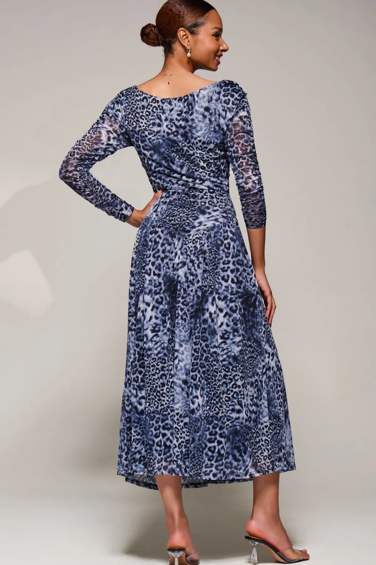 Jolie Moi Occasion Dresses|Mesh Dresses-Long Sleeve Asymmetric Gathered Mesh Midi Dress, Black Animal