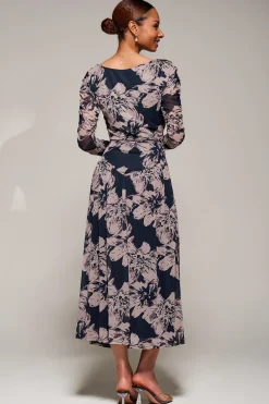 Jolie Moi Occasion Dresses|Mesh Dresses-Long Sleeve Asymmetric Gathered Mesh Midi Dress, Black Floral