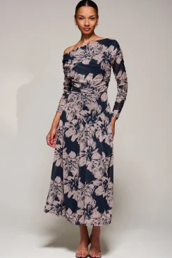 Jolie Moi Occasion Dresses|Mesh Dresses-Long Sleeve Asymmetric Gathered Mesh Midi Dress, Black Floral