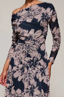 Jolie Moi Occasion Dresses|Mesh Dresses-Long Sleeve Asymmetric Gathered Mesh Midi Dress, Black Floral