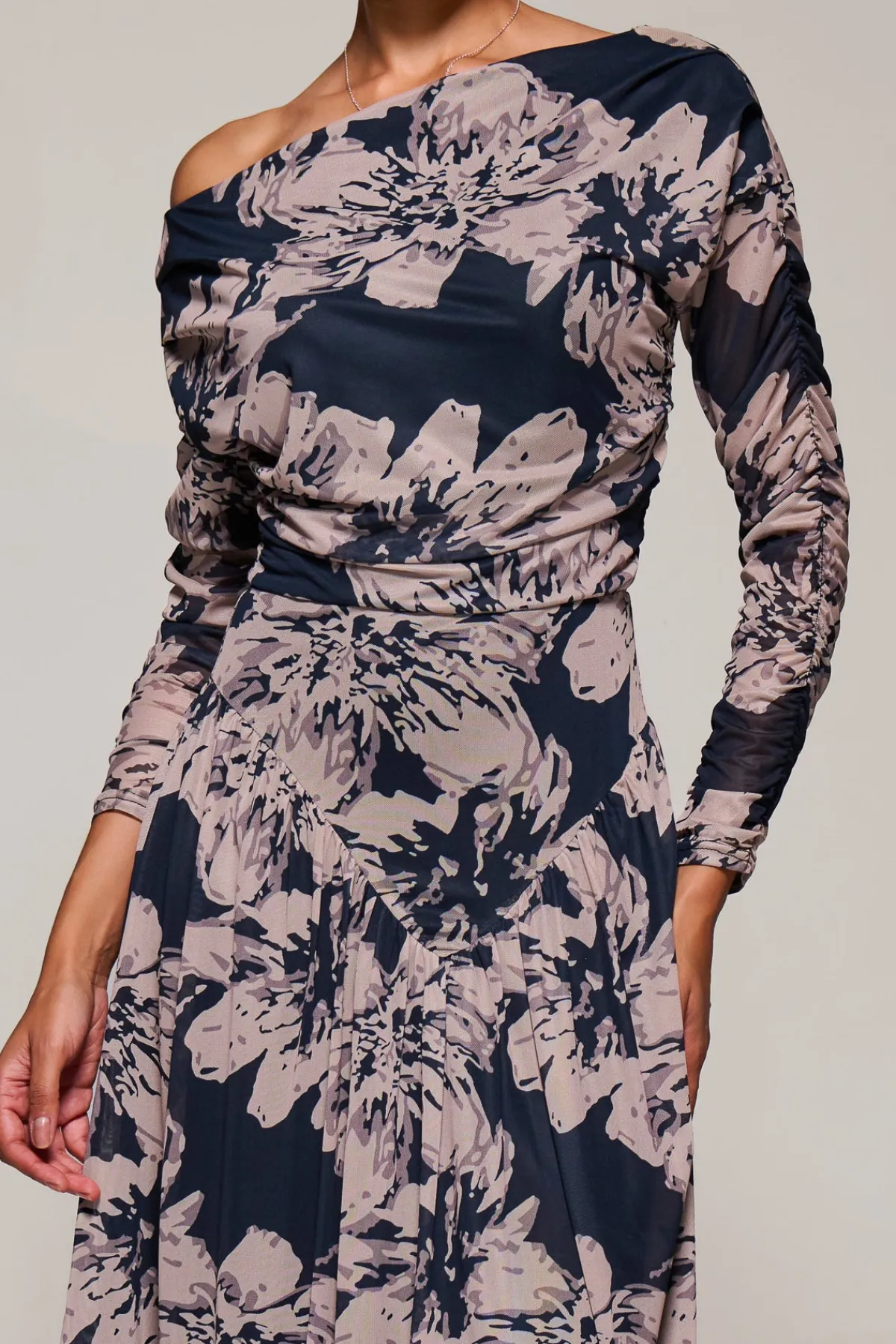 Jolie Moi Occasion Dresses|Mesh Dresses-Long Sleeve Asymmetric Gathered Mesh Midi Dress, Black Floral