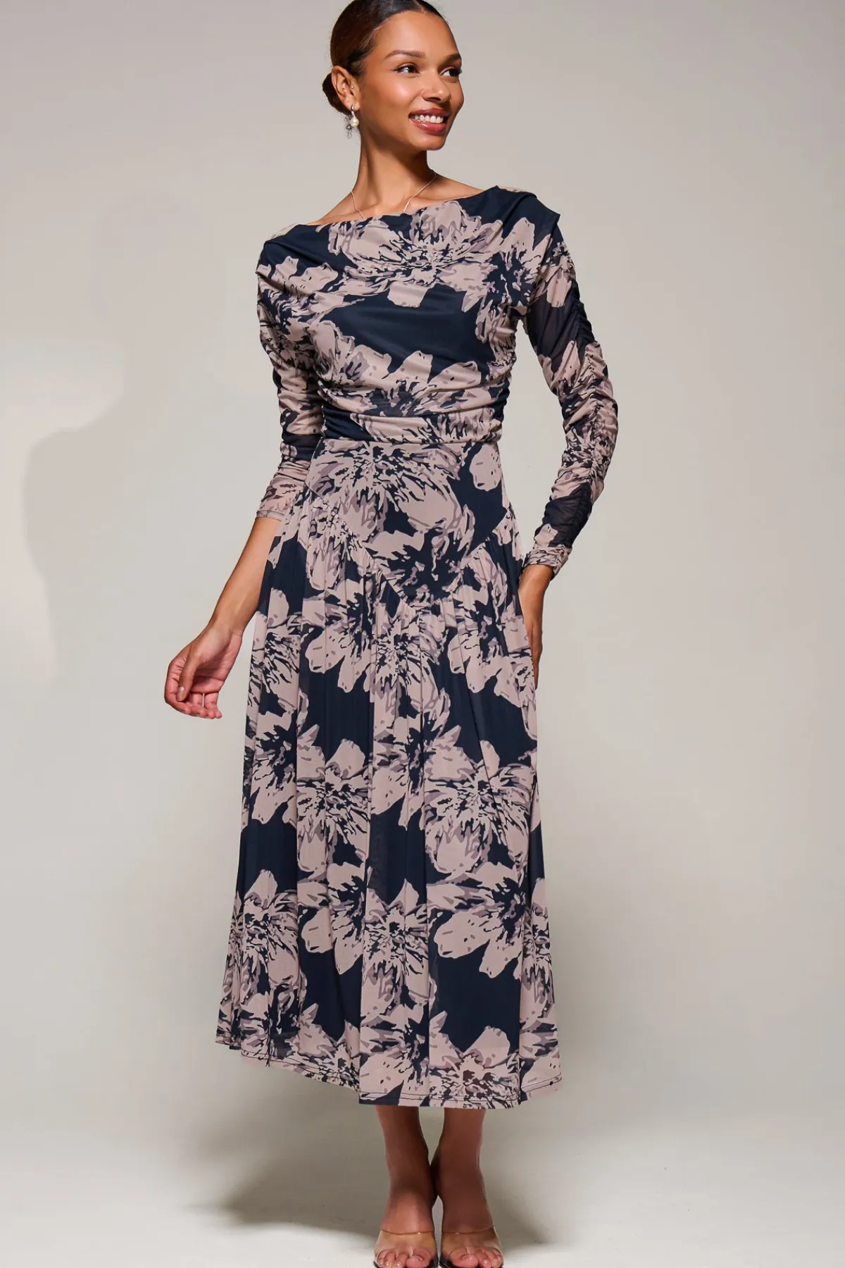 Jolie Moi Occasion Dresses|Mesh Dresses-Long Sleeve Asymmetric Gathered Mesh Midi Dress, Black Floral
