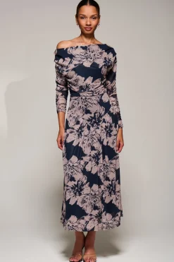 Jolie Moi Occasion Dresses|Mesh Dresses-Long Sleeve Asymmetric Gathered Mesh Midi Dress, Black Floral