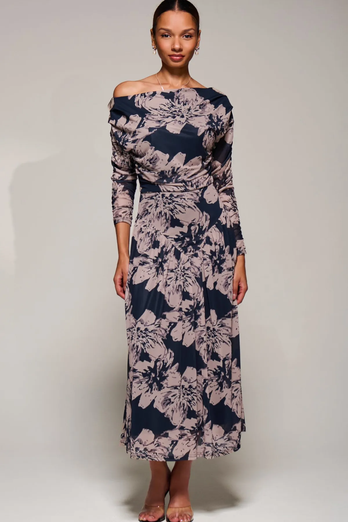 Jolie Moi Occasion Dresses|Mesh Dresses-Long Sleeve Asymmetric Gathered Mesh Midi Dress, Black Floral
