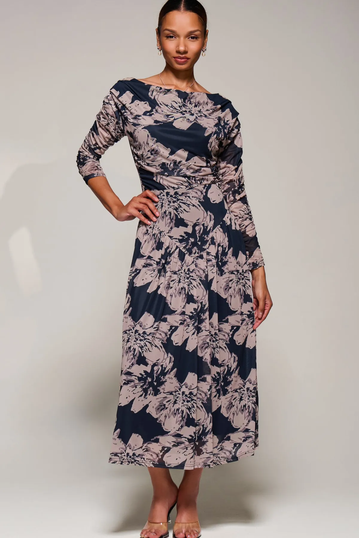 Jolie Moi Occasion Dresses|Mesh Dresses-Long Sleeve Asymmetric Gathered Mesh Midi Dress, Black Floral