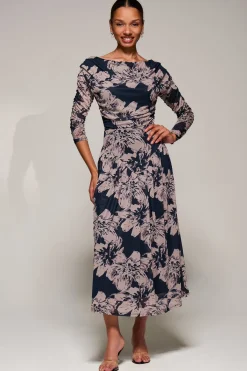 Jolie Moi Occasion Dresses|Mesh Dresses-Long Sleeve Asymmetric Gathered Mesh Midi Dress, Black Floral