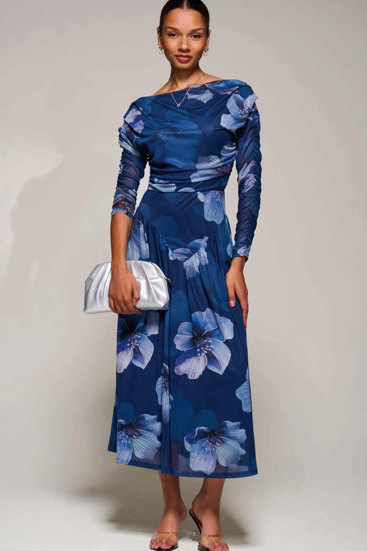 Jolie Moi Occasion Dresses|Floral Dresses-Long Sleeve Asymmetric Gathered Mesh Midi Dress, Blue Floral
