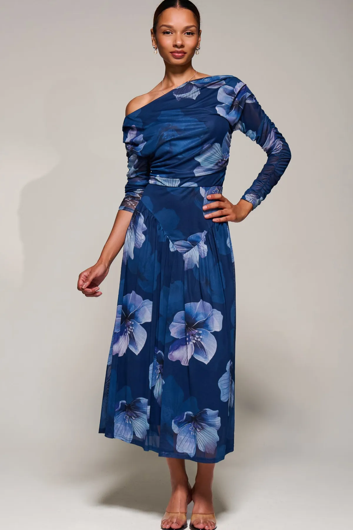 Jolie Moi Occasion Dresses|Floral Dresses-Long Sleeve Asymmetric Gathered Mesh Midi Dress, Blue Floral
