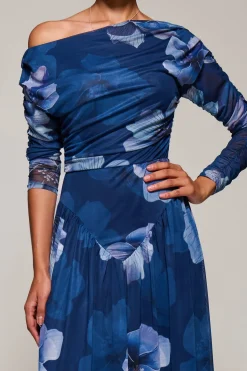 Jolie Moi Occasion Dresses|Floral Dresses-Long Sleeve Asymmetric Gathered Mesh Midi Dress, Blue Floral