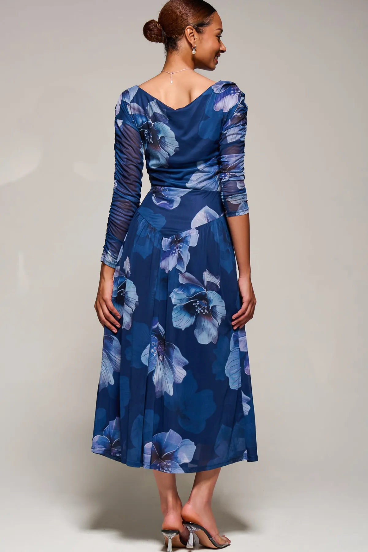 Jolie Moi Occasion Dresses|Floral Dresses-Long Sleeve Asymmetric Gathered Mesh Midi Dress, Blue Floral