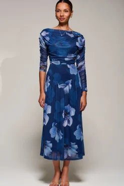 Jolie Moi Occasion Dresses|Floral Dresses-Long Sleeve Asymmetric Gathered Mesh Midi Dress, Blue Floral