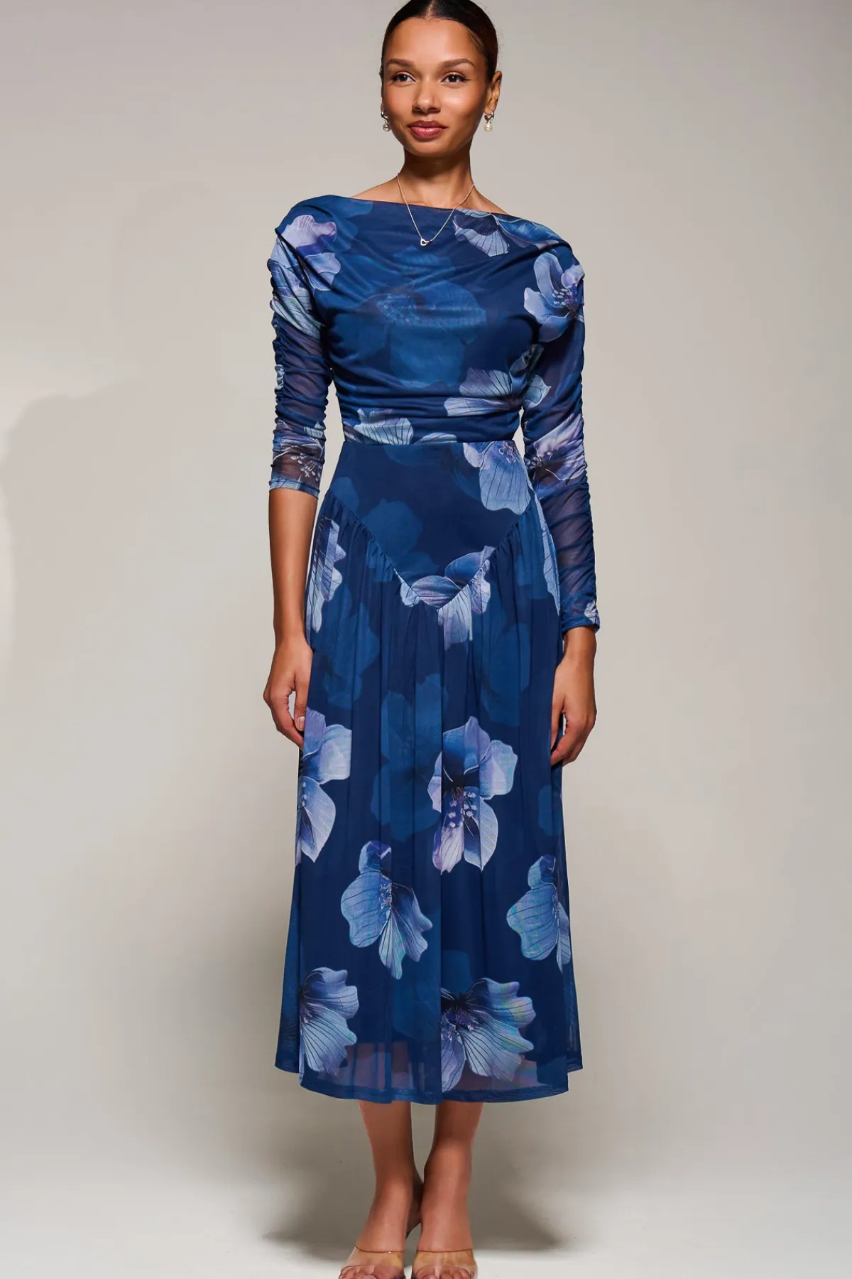 Jolie Moi Occasion Dresses|Floral Dresses-Long Sleeve Asymmetric Gathered Mesh Midi Dress, Blue Floral