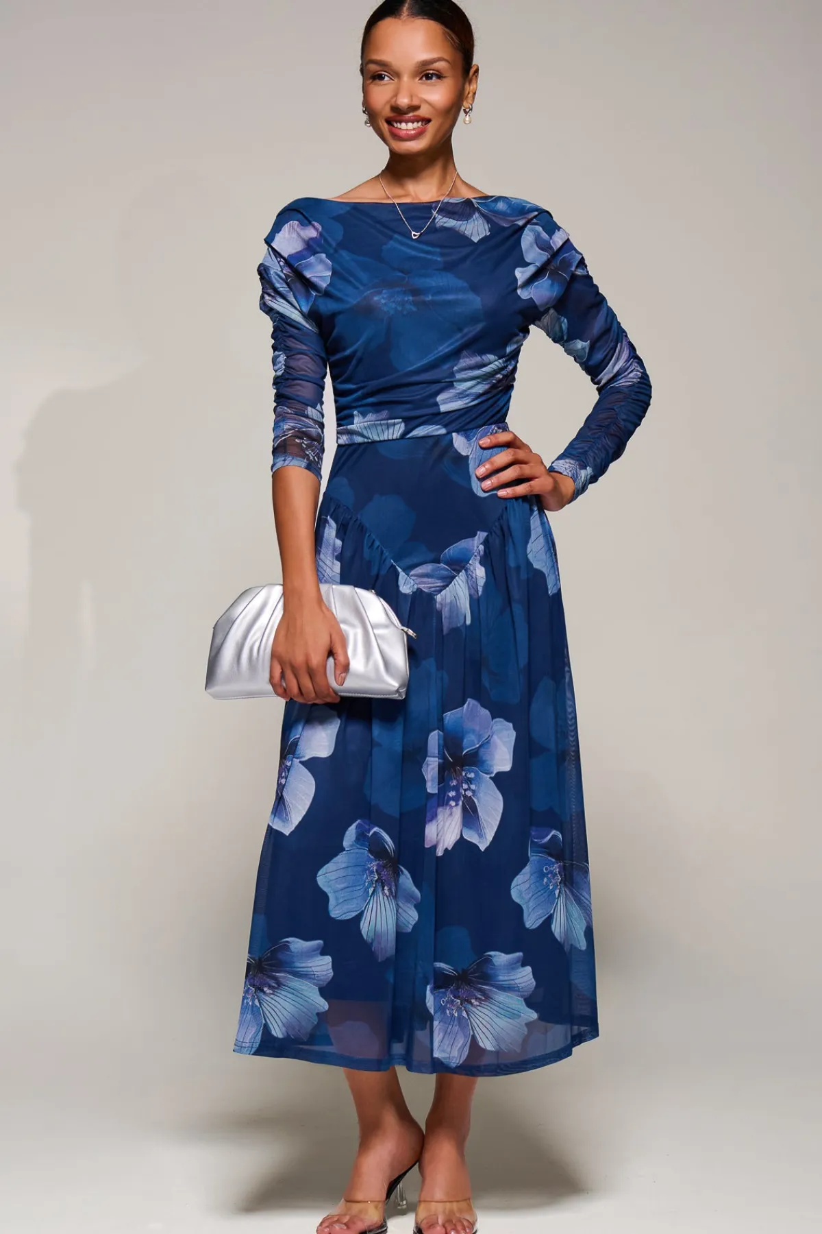Jolie Moi Occasion Dresses|Floral Dresses-Long Sleeve Asymmetric Gathered Mesh Midi Dress, Blue Floral
