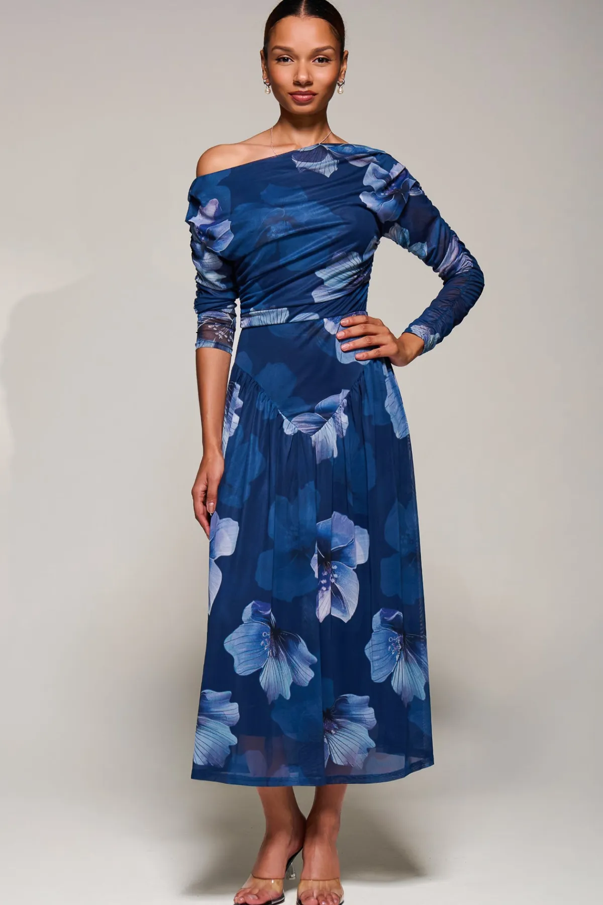 Jolie Moi Occasion Dresses|Floral Dresses-Long Sleeve Asymmetric Gathered Mesh Midi Dress, Blue Floral