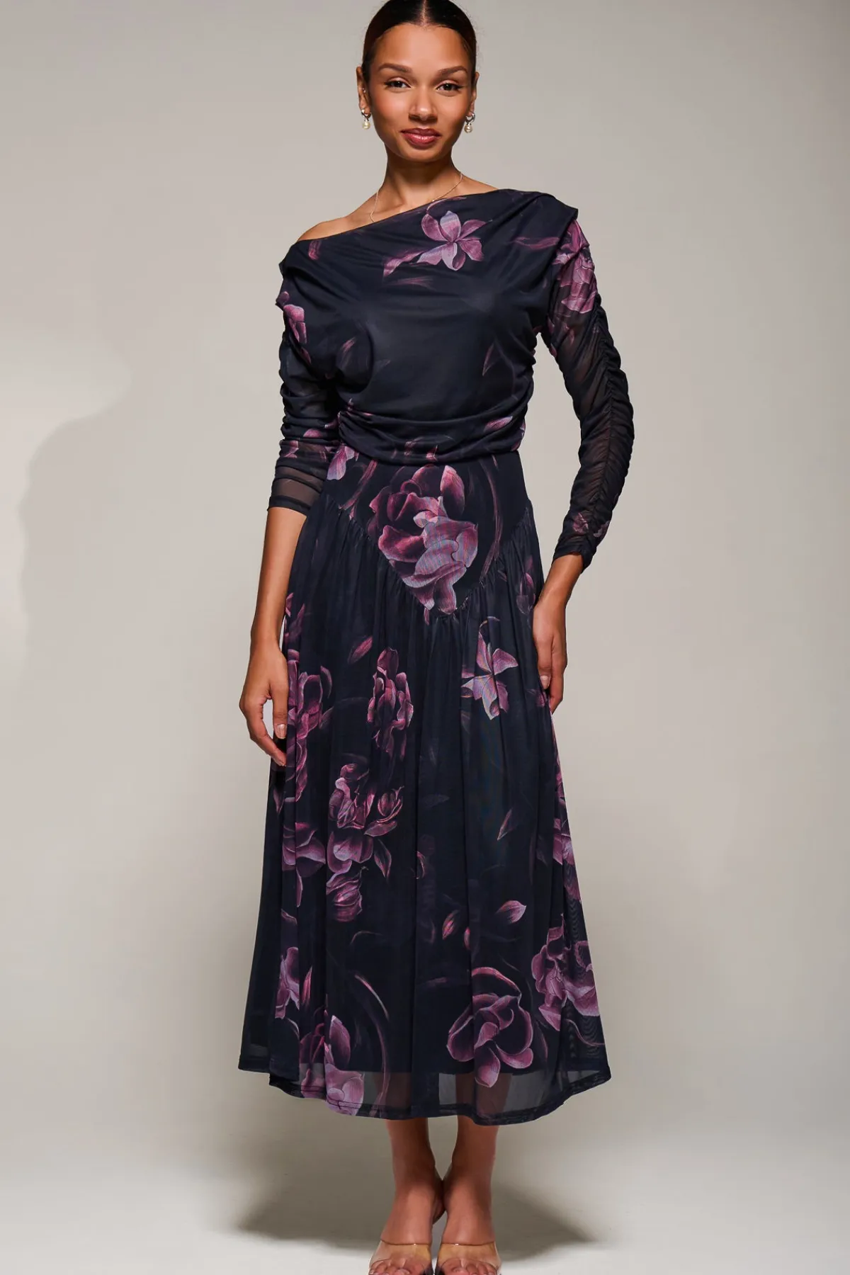 Jolie Moi Occasion Dresses|Floral Dresses-Long Sleeve Asymmetric Gathered Mesh Midi Dress, Pink Floral