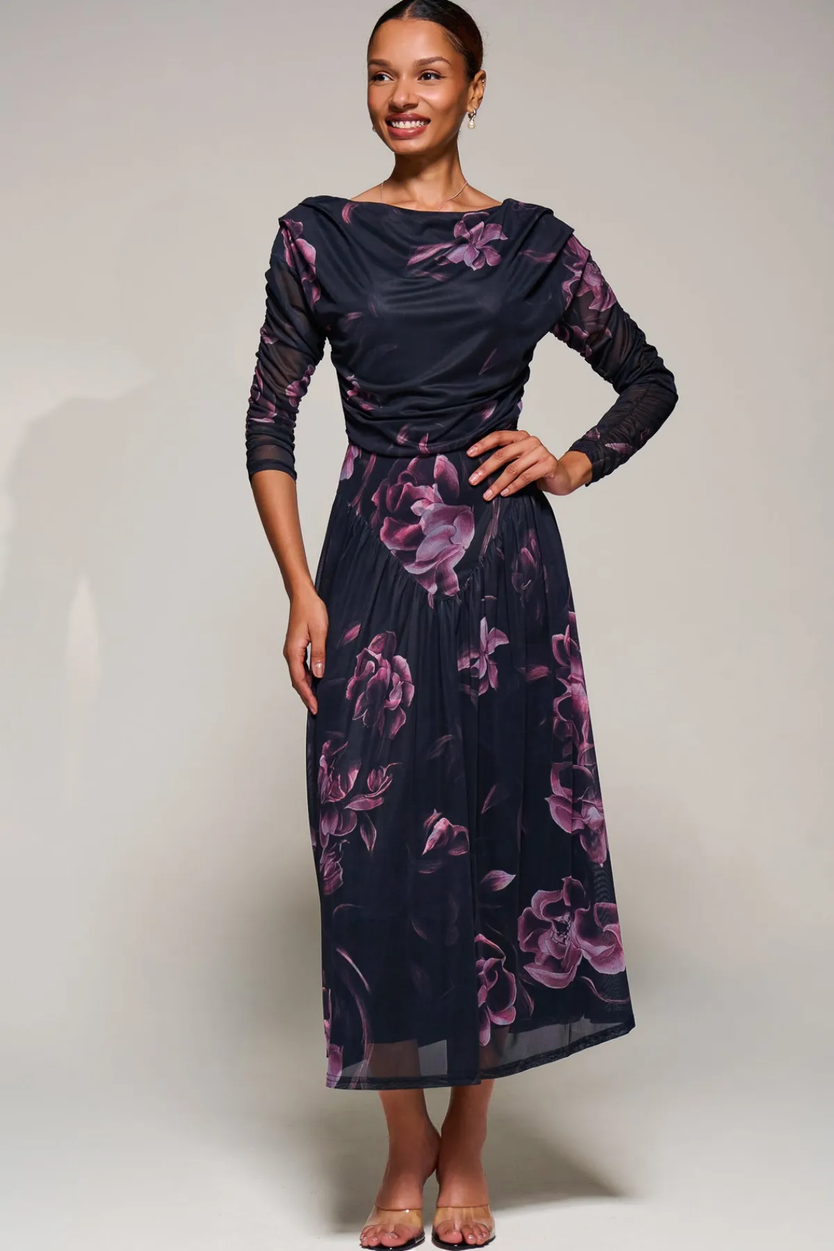 Jolie Moi Occasion Dresses|Floral Dresses-Long Sleeve Asymmetric Gathered Mesh Midi Dress, Pink Floral