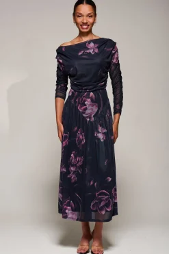 Jolie Moi Occasion Dresses|Floral Dresses-Long Sleeve Asymmetric Gathered Mesh Midi Dress, Pink Floral