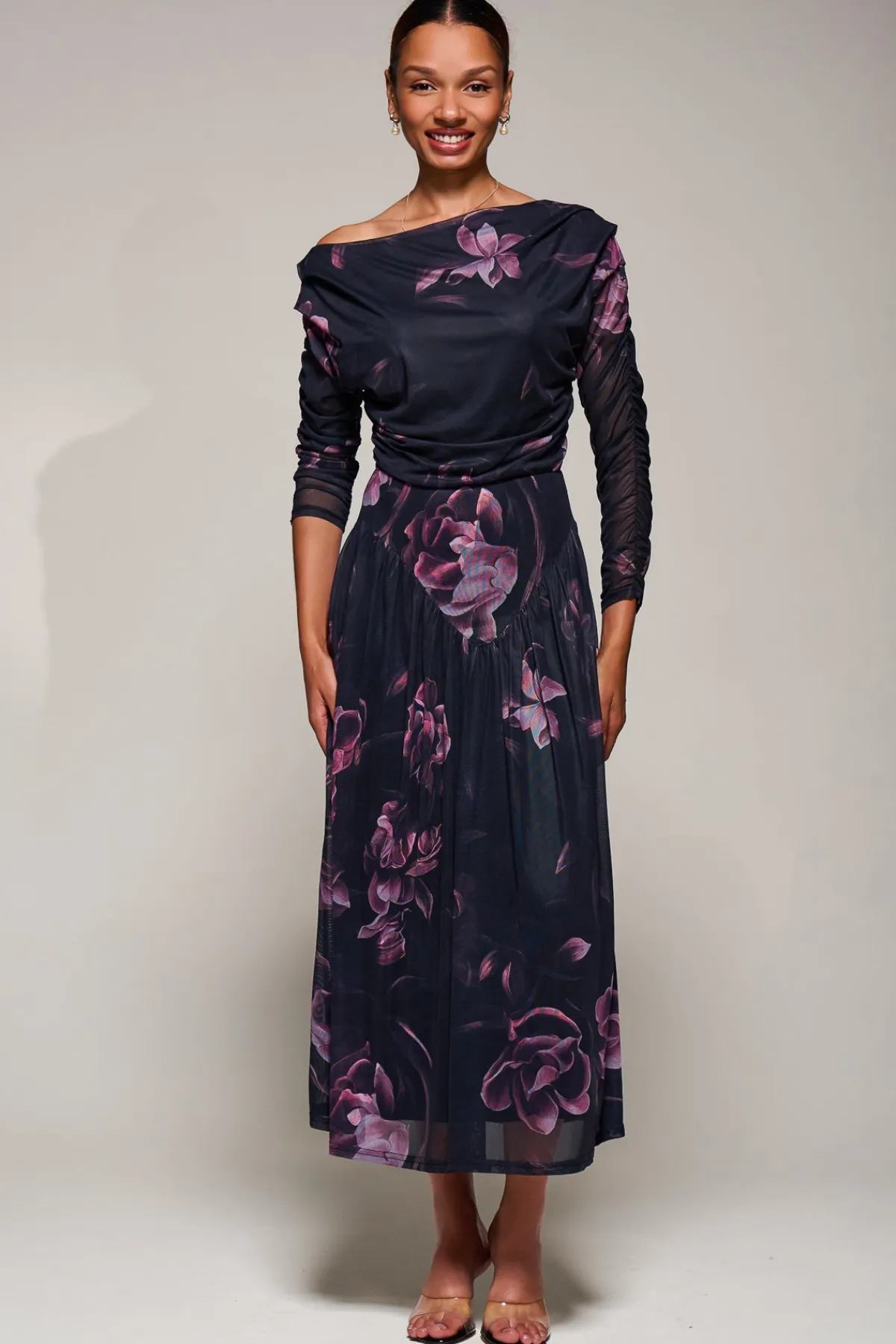 Jolie Moi Occasion Dresses|Floral Dresses-Long Sleeve Asymmetric Gathered Mesh Midi Dress, Pink Floral