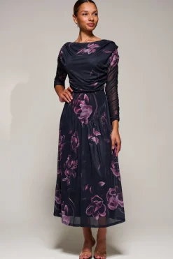 Jolie Moi Occasion Dresses|Floral Dresses-Long Sleeve Asymmetric Gathered Mesh Midi Dress, Pink Floral