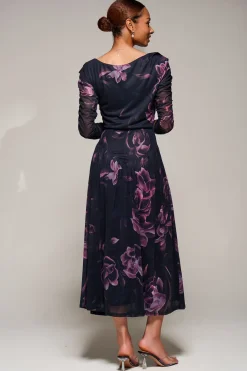 Jolie Moi Occasion Dresses|Floral Dresses-Long Sleeve Asymmetric Gathered Mesh Midi Dress, Pink Floral
