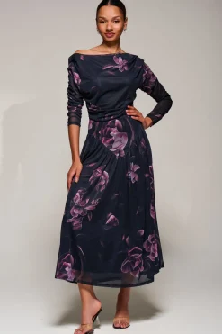 Jolie Moi Occasion Dresses|Floral Dresses-Long Sleeve Asymmetric Gathered Mesh Midi Dress, Pink Floral