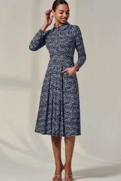 Jolie Moi Jersey Dresses|Shirt Dresses-Long Sleeve Button Up Midi Dress, Navy Pattern