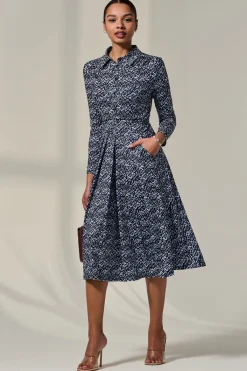 Jolie Moi Jersey Dresses|Shirt Dresses-Long Sleeve Button Up Midi Dress, Navy Pattern
