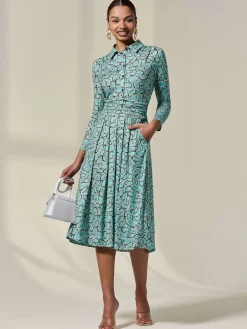 Jolie Moi Occasion Dresses|Jersey Dresses-Long Sleeve Button Up Midi Dress, Teal Pattern