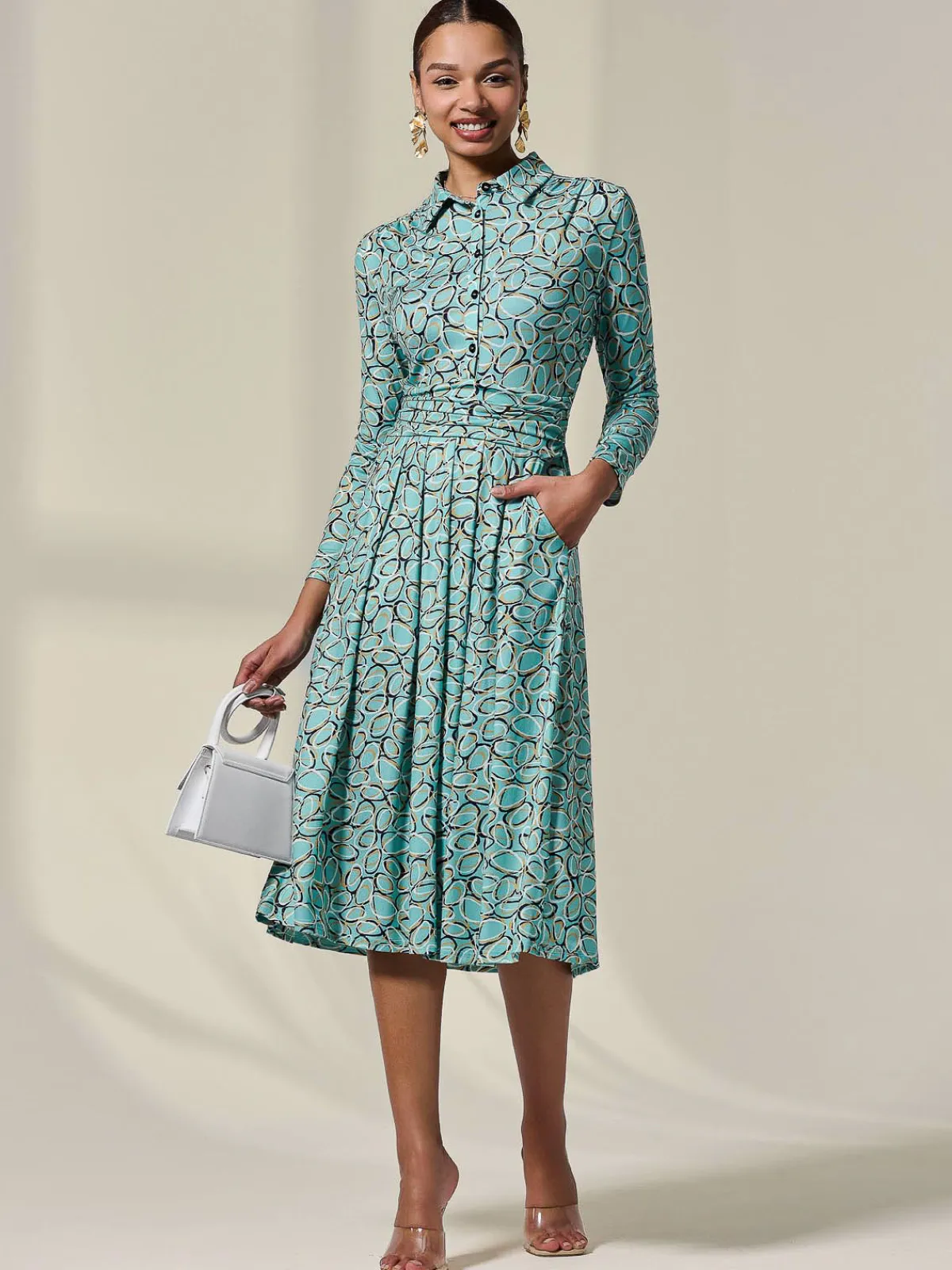 Jolie Moi Occasion Dresses|Jersey Dresses-Long Sleeve Button Up Midi Dress, Teal Pattern