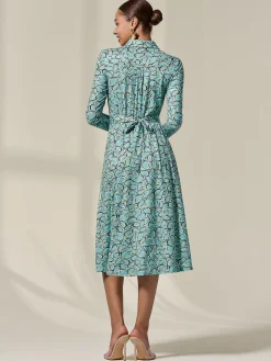 Jolie Moi Occasion Dresses|Jersey Dresses-Long Sleeve Button Up Midi Dress, Teal Pattern