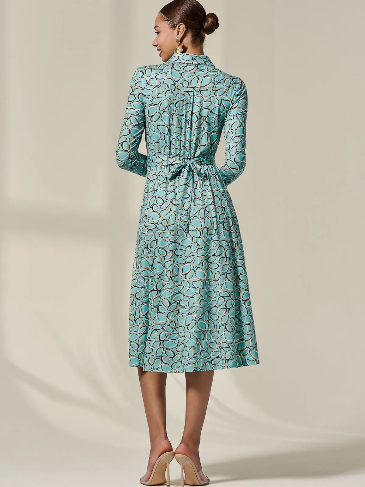 Jolie Moi Occasion Dresses|Jersey Dresses-Long Sleeve Button Up Midi Dress, Teal Pattern