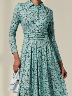 Jolie Moi Occasion Dresses|Jersey Dresses-Long Sleeve Button Up Midi Dress, Teal Pattern