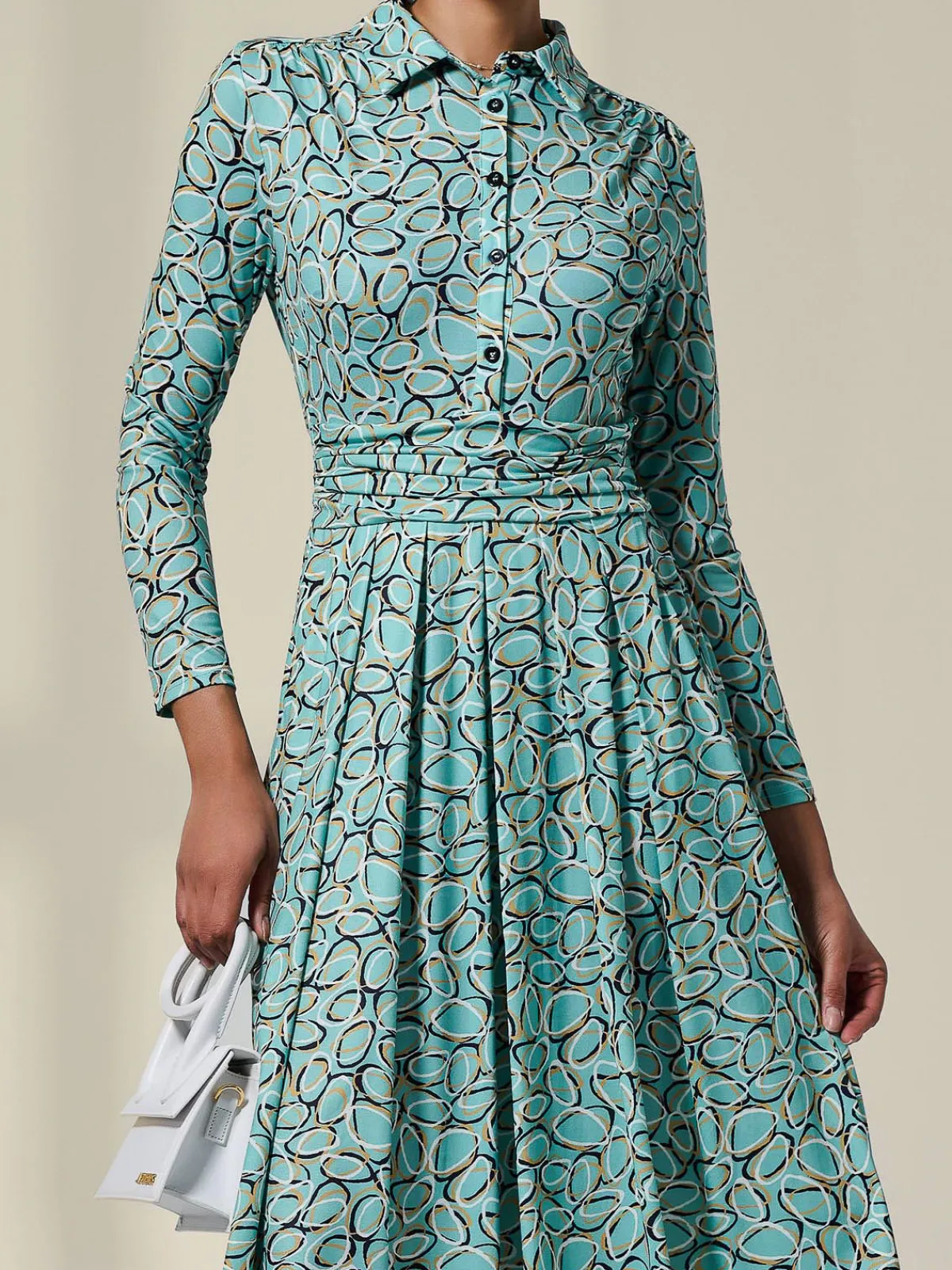 Jolie Moi Occasion Dresses|Jersey Dresses-Long Sleeve Button Up Midi Dress, Teal Pattern