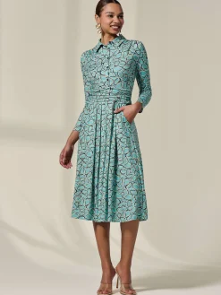 Jolie Moi Occasion Dresses|Jersey Dresses-Long Sleeve Button Up Midi Dress, Teal Pattern