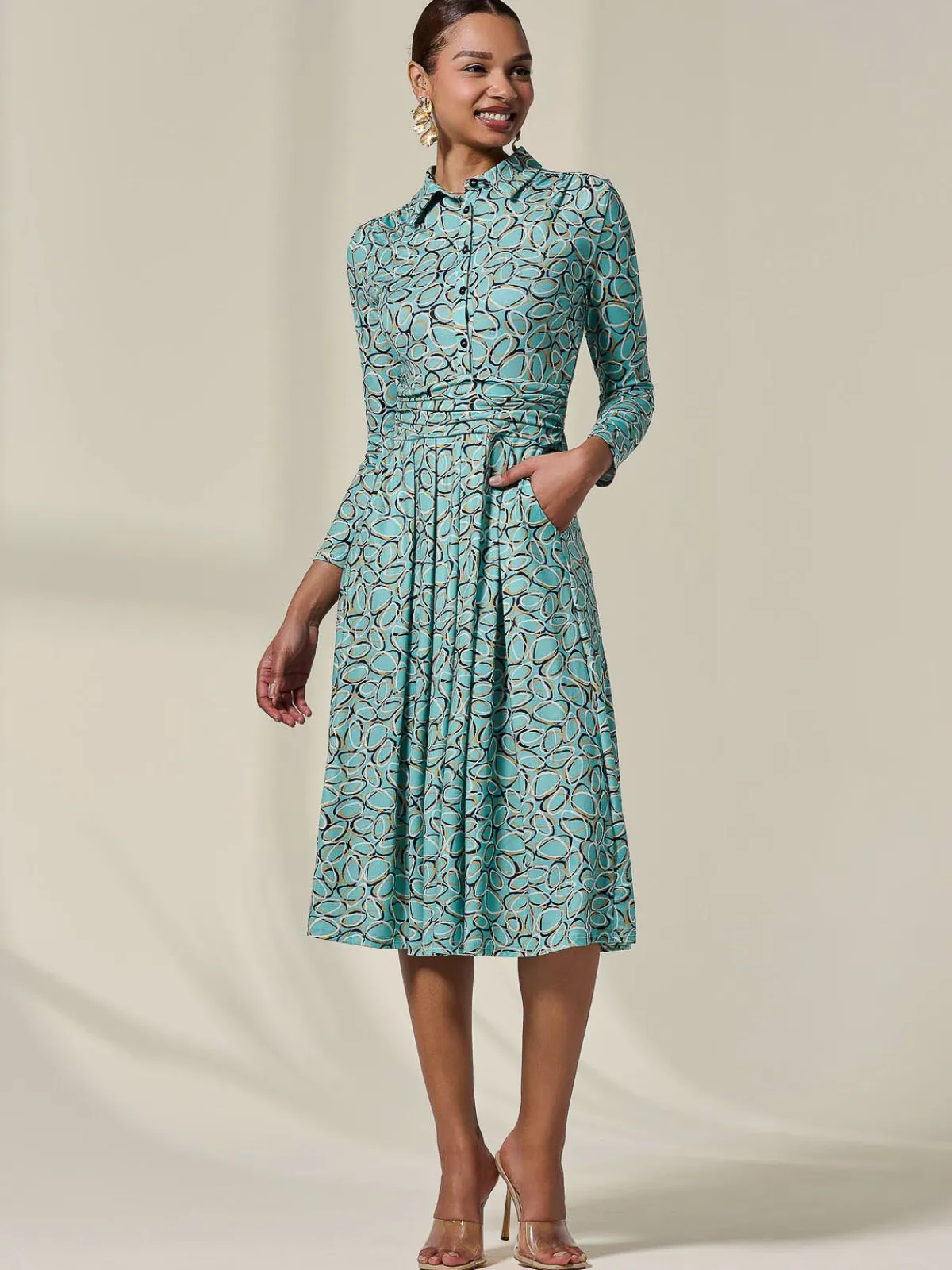 Jolie Moi Occasion Dresses|Jersey Dresses-Long Sleeve Button Up Midi Dress, Teal Pattern