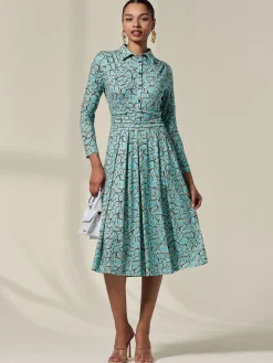 Jolie Moi Occasion Dresses|Jersey Dresses-Long Sleeve Button Up Midi Dress, Teal Pattern