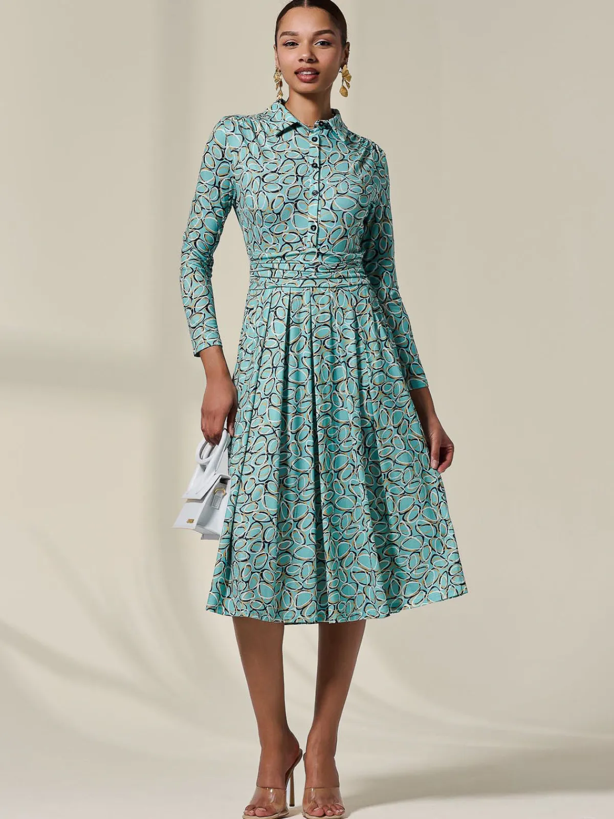 Jolie Moi Occasion Dresses|Jersey Dresses-Long Sleeve Button Up Midi Dress, Teal Pattern